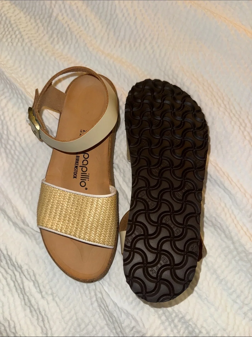 Birkenstock Papillio Raffia Two-Strap Sandals in Cream and Natural